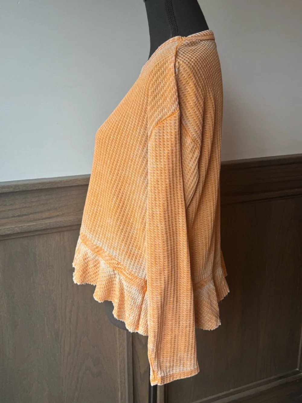 True Craft Orange Waffle-Knit Ruffle-Hem distressed long sleeve shirt L - Picture 2 of 6